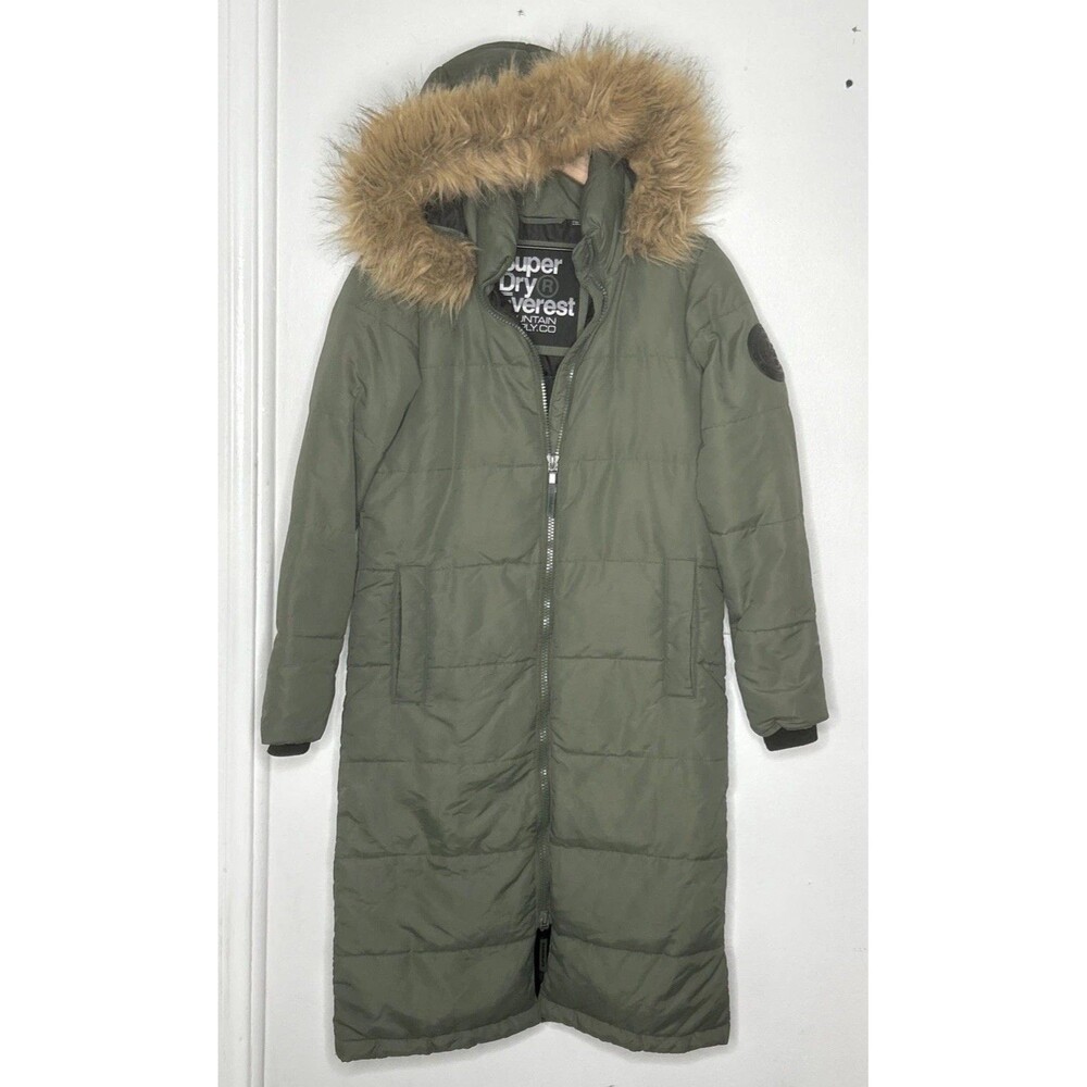 Superdry Everest Coat Longline Puffer Faux Fur Trim Hood Army Green Womens Sz 4